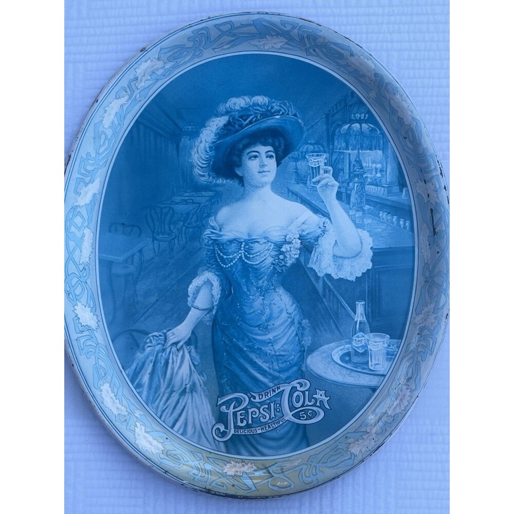 Vintage Victorian Drink Pepsi Cola Tip Lady Blue Tin Oval Serving Tray